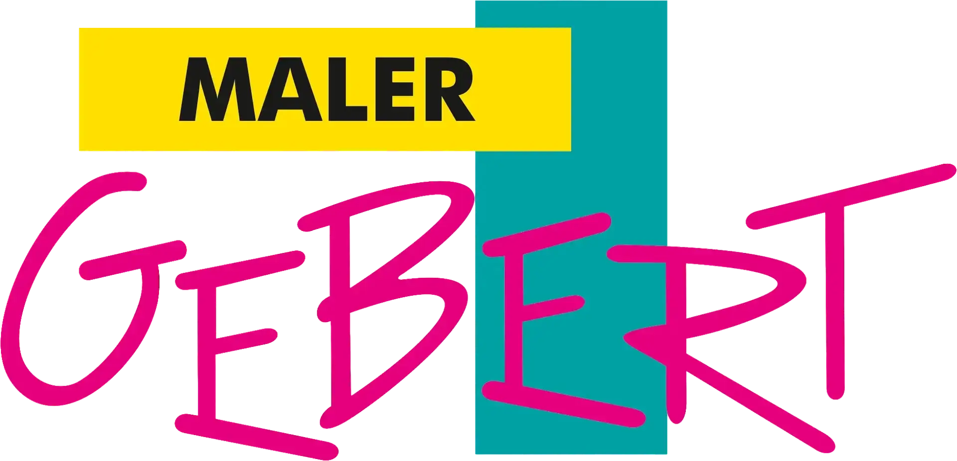 Bold pink "Gebert" lettering overlaps a yellow rectangle and turquoise vertical block beneath the black "Maler" label.