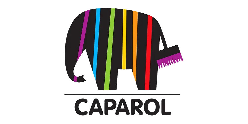 Bunt gestreifter Caparol-Elefant mit markantem Schriftzug als Symbol für Farben und professionelle Malerarbeiten.